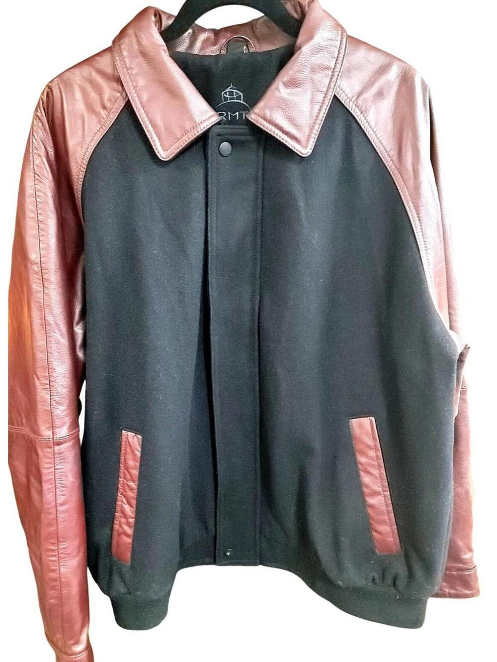 Mens Stormtech Wool - Polyester Jacket with Leather Sleeves Black & Brown Large
